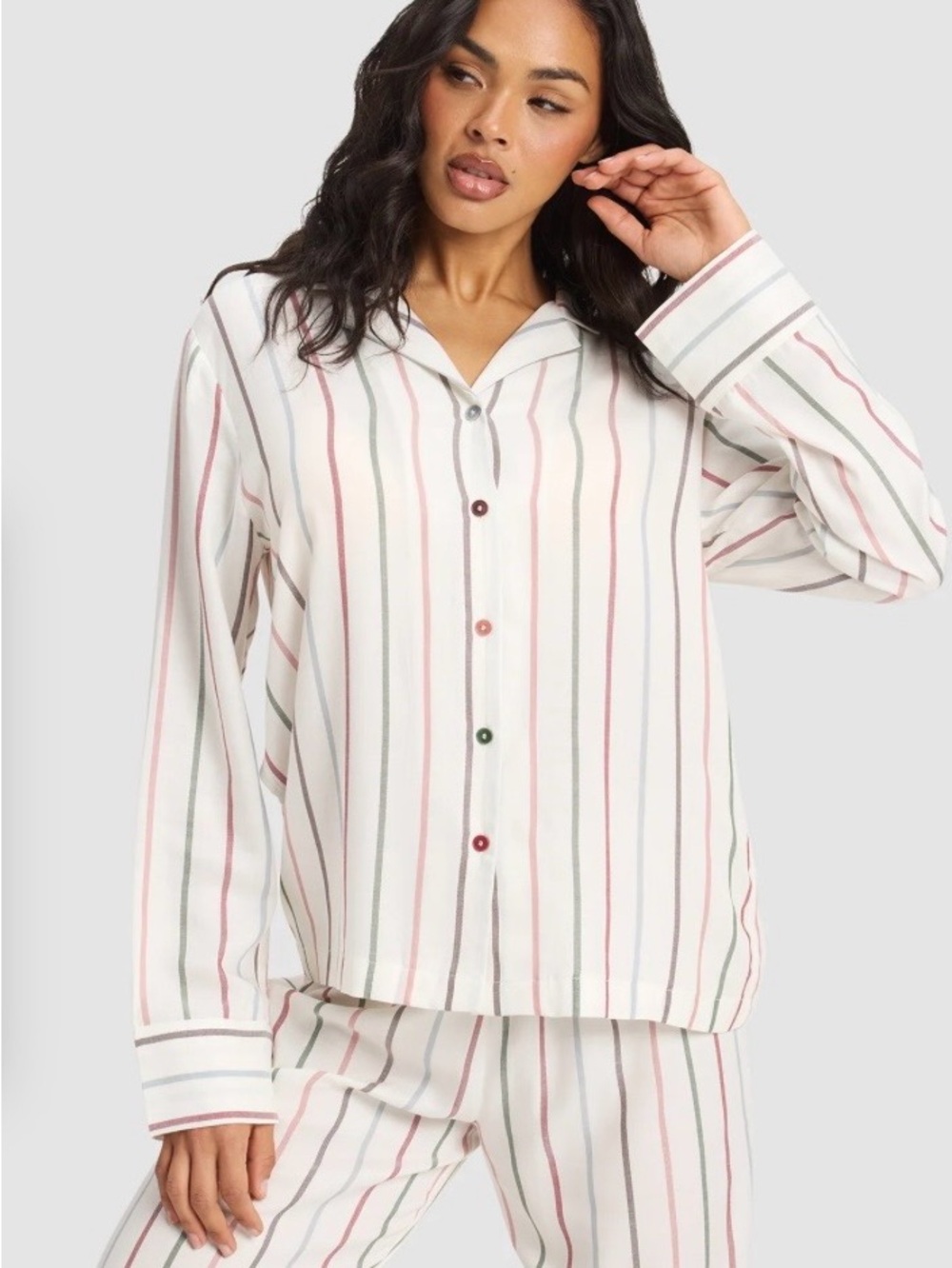 Cozy Earth Soft Woven Long Sleeve Pajama Top Cottage Stripe Medium M